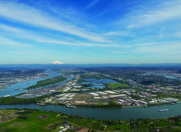 Aerial image of the confluence of the Columbia and Willamette Rivers and the Port's Rivergate Industrial Park